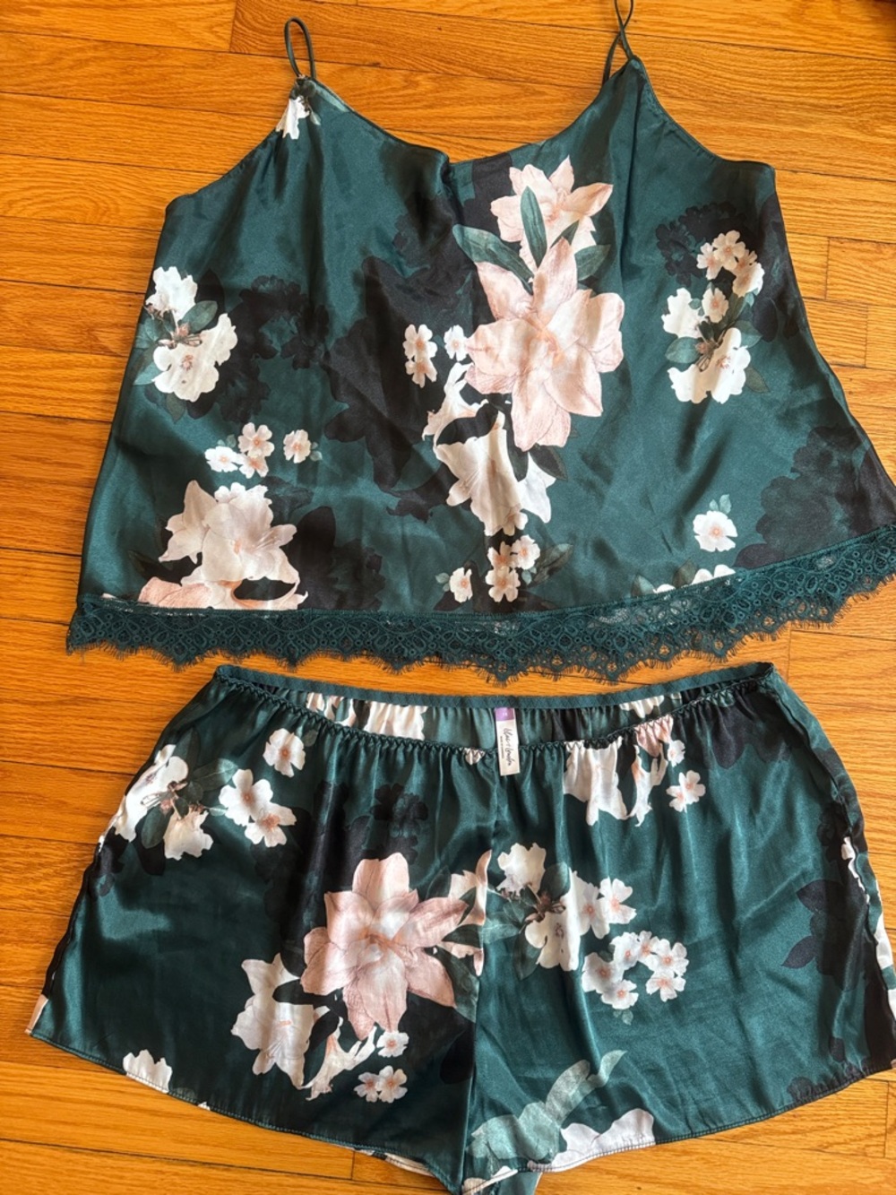 Lilac & London Teal Green Floral Satin Cami & Shorts Set